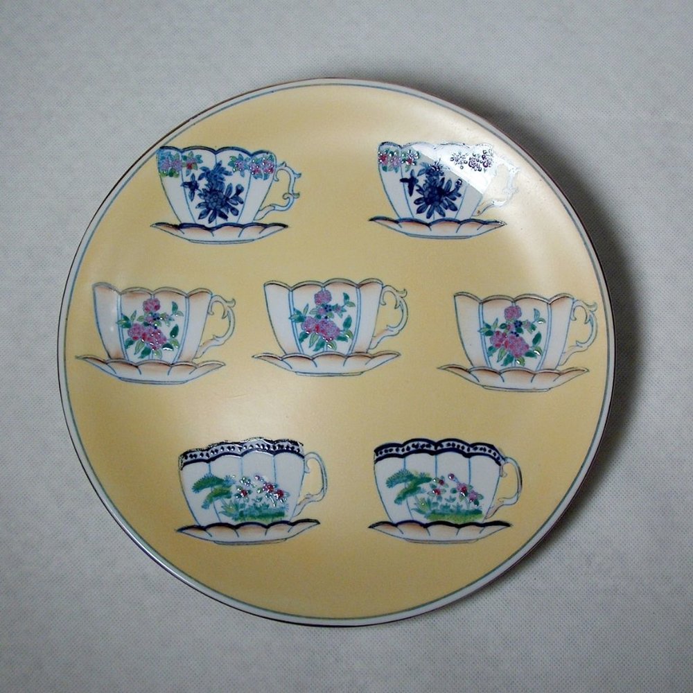 Vintage Oriental Accent Decorative Plate Teacups Hand Painted Yellow 10 Inch